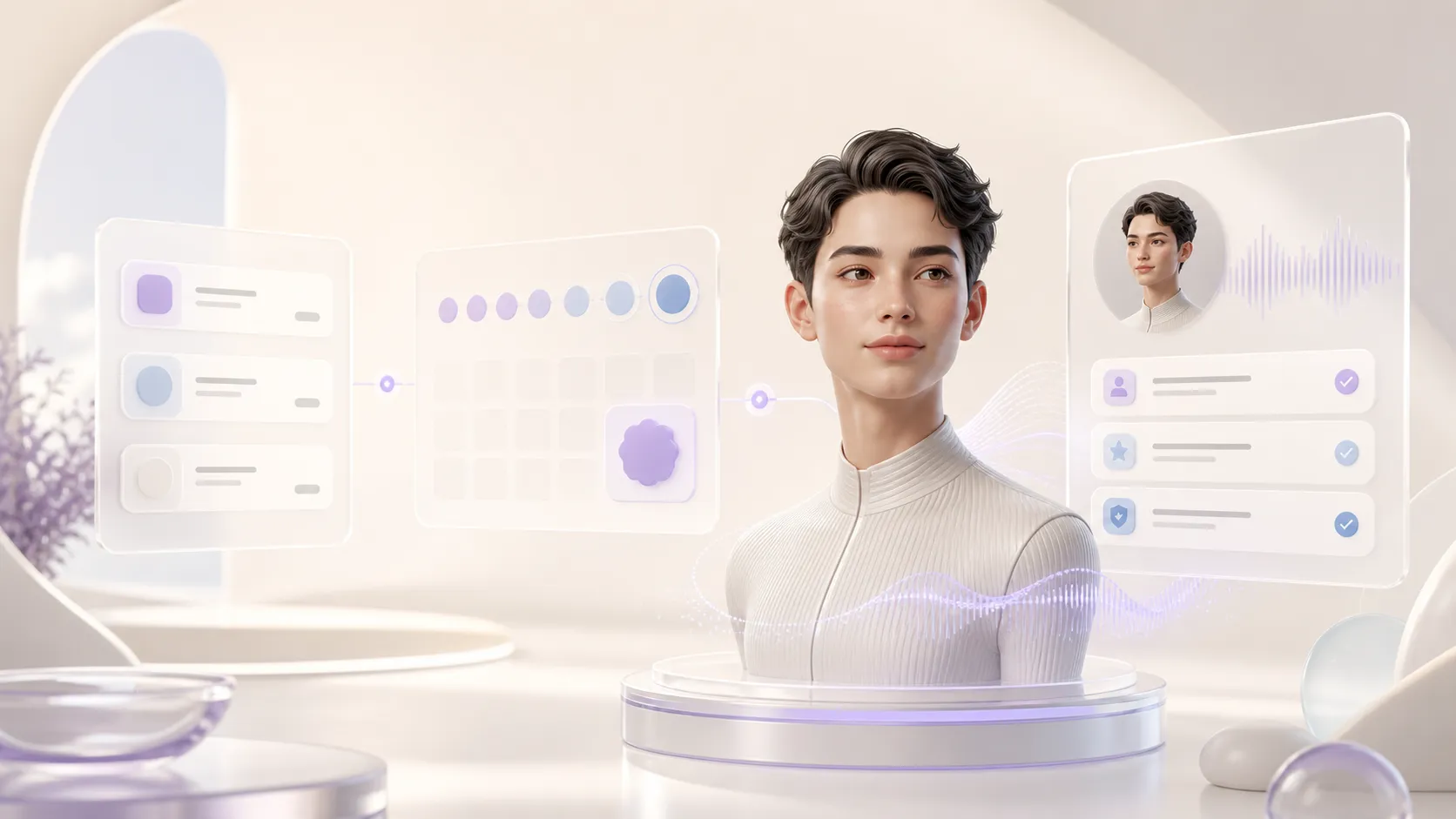 Person surrounded by digital surfaces representing the step-by-step creation of an intelligent profile