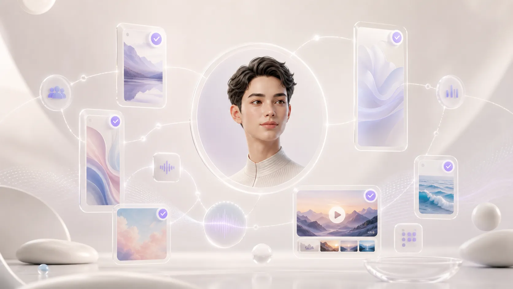 Digital profile connected to content cards and nodes representing different social networks