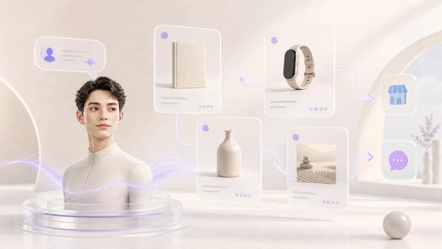 Conversational profile alongside product cards and different purchase or contact destinations
