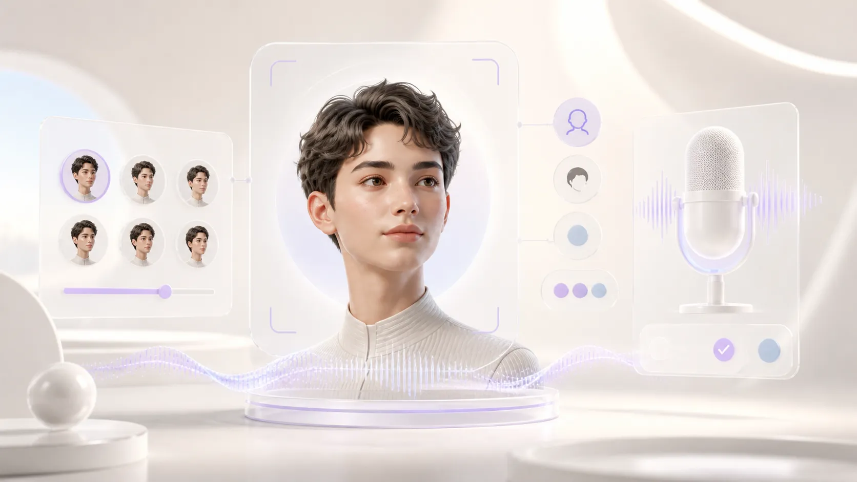 Digital profile alongside visual avatar controls, a microphone, and voice waves