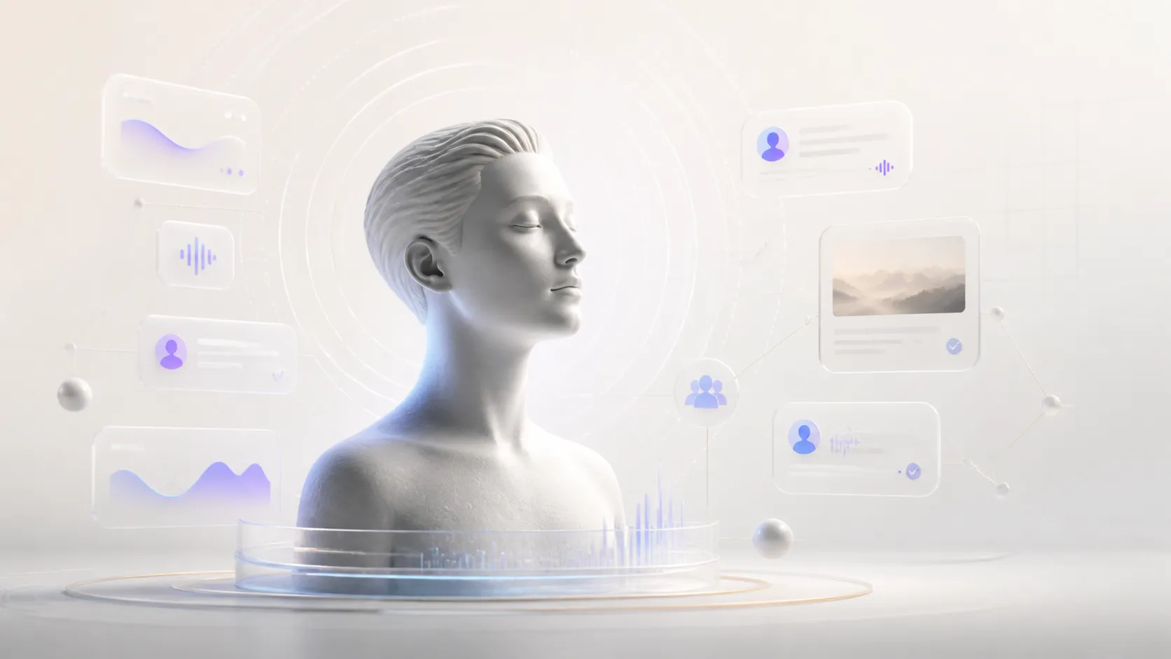 Editorial representation of a digital presence surrounded by voice waves and conversational surfaces